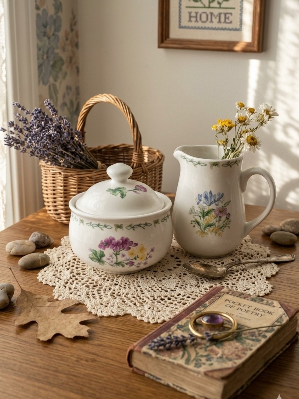 Floral Ceramic Sugar Bowl & Pitcher Set - White with Pastel Flowers